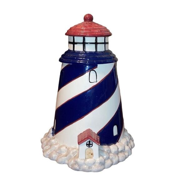 Vtg Hand Painted Ceramic Nautical Preppy Lighthouse Cookie Jar Red White Blue - Picture 1 of 8